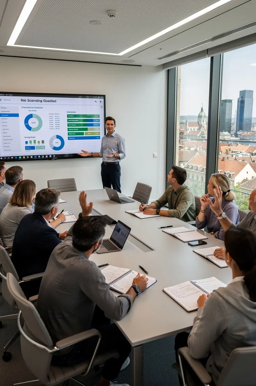 Egy szakértő pénzügyi tanácsadó magyarázza a költségvetési stratégiákat egy oktató videóban.