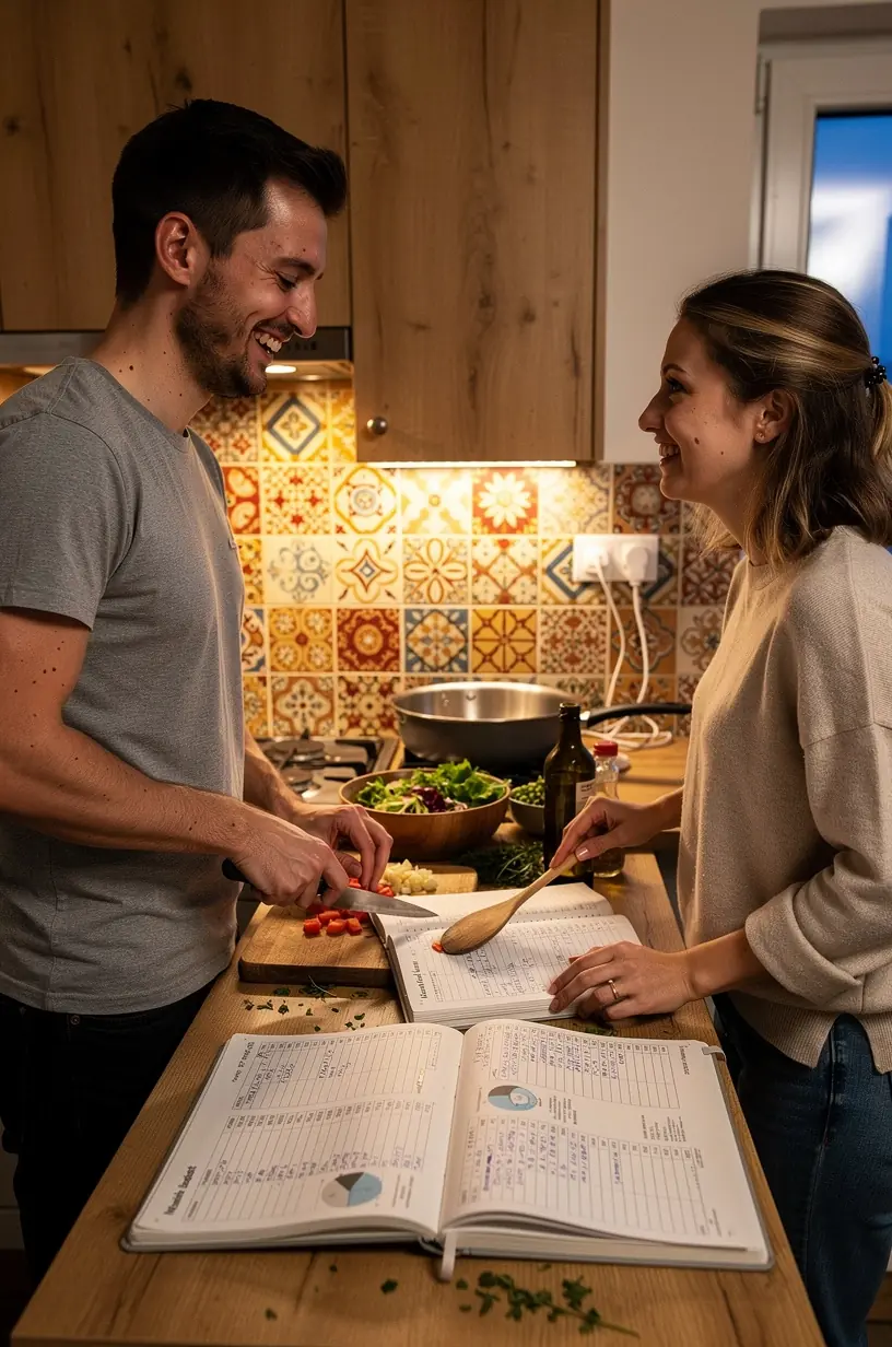 Kéz, amely ceruzával kitölti a havi költségvetési táblázatot egy egyedi tervezőben.